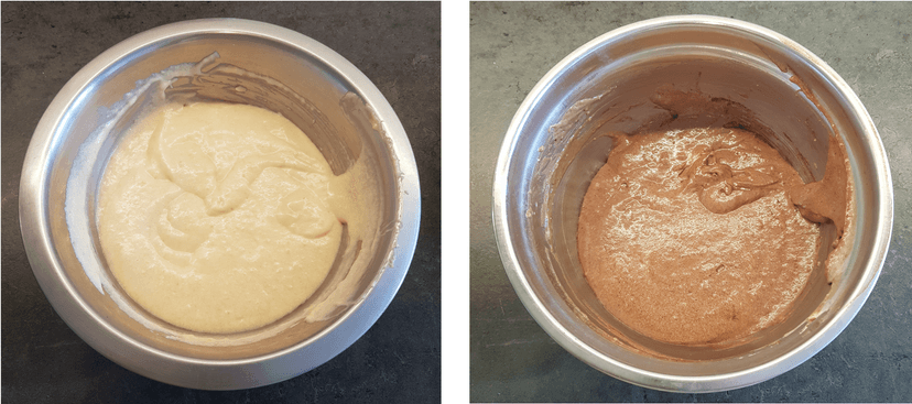 Pâtes à marbré séparer en deux: vanille et chocolat et mis dans des saladiers distincts 