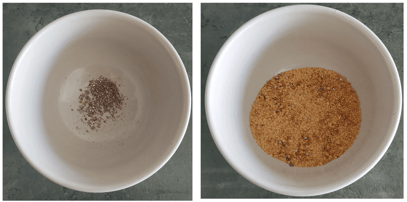 Graines de cardamome moulu et ajout avec le sucre dans un bol