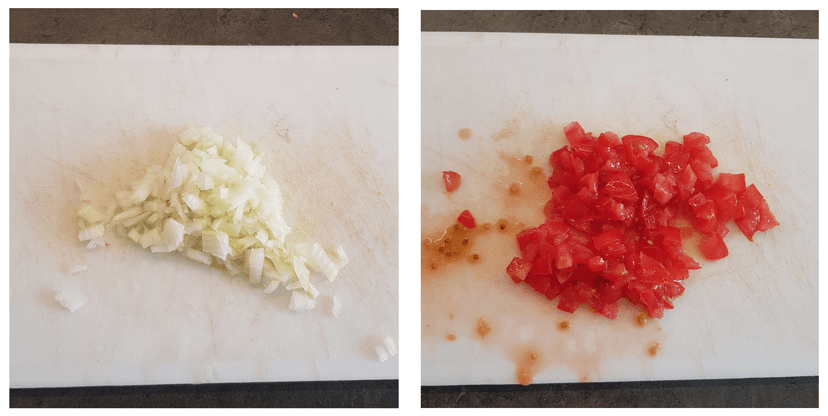 Découpe en petit morceaux de l'oignon et des tomates cerise 